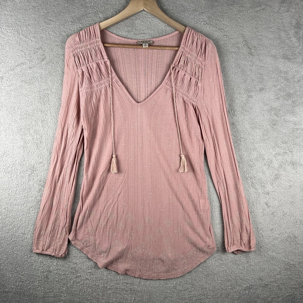 Lucky Brand Womens Top Small Tasseled V Neck Elastic Long Sleeve Pink